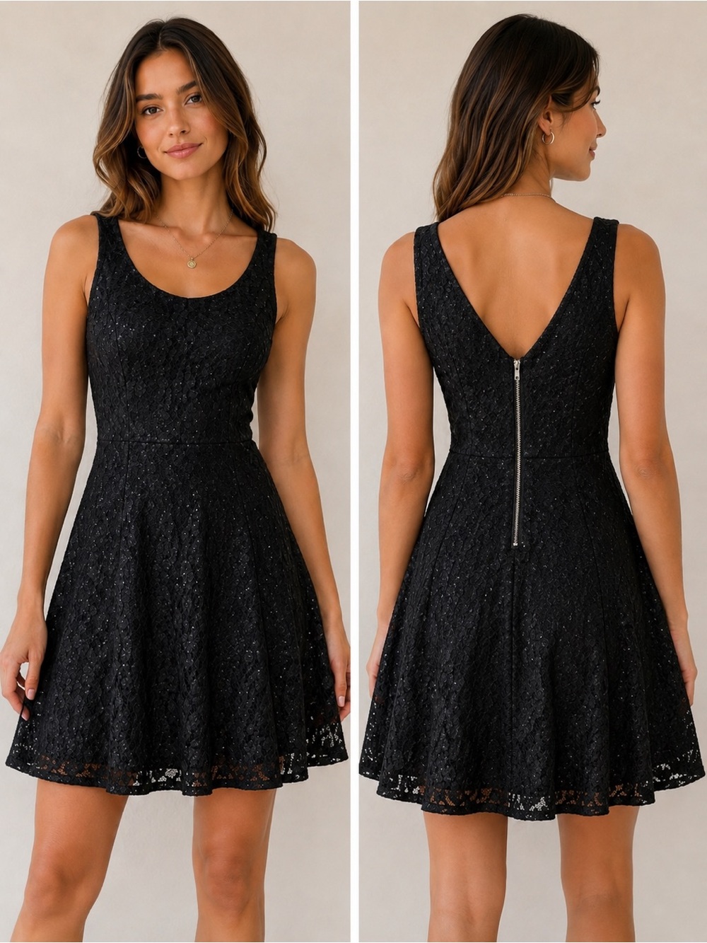 Speechless Classic Scoop Neck Black Sequin Lace Overlay Fit & Flare Dress Lined